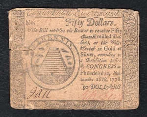 SEPTEMBER 26, 1778 $50 FIFTY DOLLARS CONTINENTAL CURRENCY NOTE (C) - Picture 1 of 2