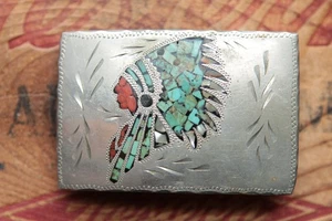 Vintage DALE Hand Made Türkis Koralle Indianer Häuptling Inlay Western Gürtelschnalle - Bild 1 von 3