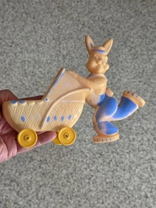 ๐จ Vintage Rosbro Hard Plastic Easter Bunny w/ Baby Buggy Candy Container - Picture 1 of 8