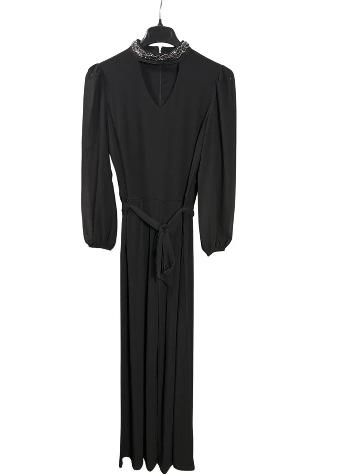 Lisa Rinna Collection Black Long Sleeve Jumpsuit Beaded Collar Tie Waist US S - Image 1 of 4