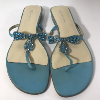Anne Klein Blue Dragonfly Silver Rhinestones T-Strap Flats Womens Size 9M - Image 1 of 4