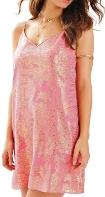 Lilly Pulitzer Lela Coral Reef Silk Metallic Pineapple Clip Dot Slip Dress Sz XS - Image 1 of 4