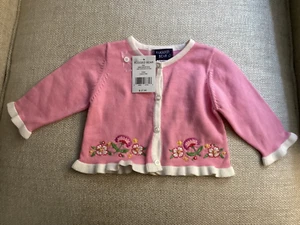NWT Rugged Bear Girl 6/9M Candy Pink Cardigan w/ Floral Apliques & Pearls - Picture 1 of 8