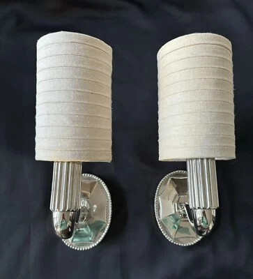 Pair Urban Archaeology Paris Chrome Wall Sconce Sconces Off White Pleated Shade - Image 1 of 4