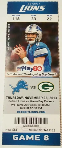 2013 Detroit Lions Green Bay Packers NFL Football Full Ticket Stub Cover