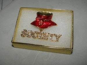RED HAT SOCIETY DANGLING LAPEL PIN AUSTRIAN CRYSTAL CHRISTMAS VALENTINE GIFT NEW - Picture 1 of 6