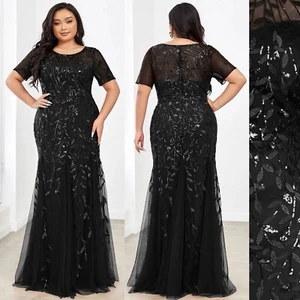 NWT Black Sequin Mermaid Trumpet Evening Maxi Dress Gown Tulle Wedding 4XL 16 - Picture 1 of 8
