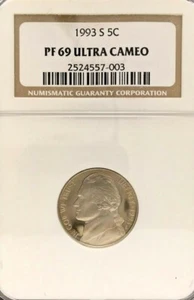 1993-S JEFFERSON NICKEL GRADED PF 69 ULTRA CAMEO BY NGC - Picture 1 of 2