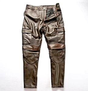 Premium Vintage Brown Mens Biker Leather Trousers | Genuine Cowhide | Slim Fit - Picture 1 of 2