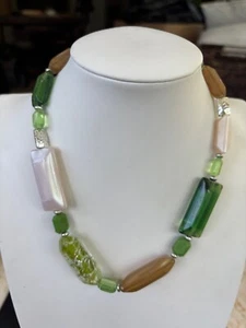 Multicolored Glass Bead Necklace With Green Brown & Pearl Tones Featuring Varied - Picture 1 of 7