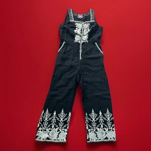 Johnny Was Los Angeles Black linen embroidered cropped wide leg jumpsuit Small - Picture 1 of 11