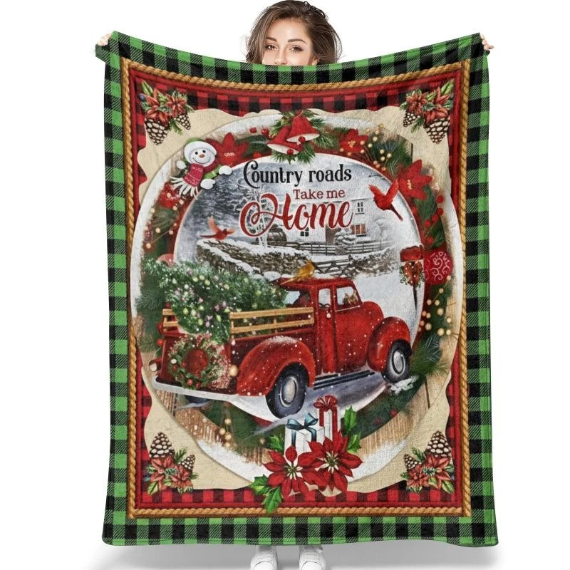 Manta de franela de camión roja de Navidad - "Country Roads Llévame a casa" tiro a cuadros Foto 1 de 4
