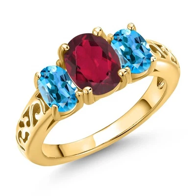 2.40 Ct  Red Mystic Topaz Swiss Blue Topaz 18K Yellow Gold Plated Silver Ring - Image 1 of 4