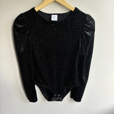 Zara Velvet Black Bodysuit 12 Gold Sparkle Puff Sleeve Cutout Celestial Holiday - Image 1 of 4