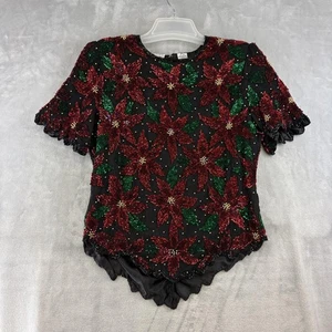Top Scala donna grande seta perline nero rosso verde paillettes Poinsettia Holiday - Foto 1 di 13