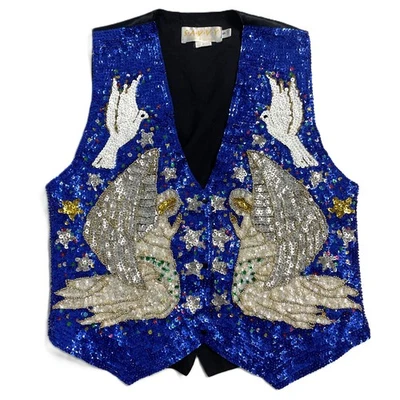 Colete de Natal lantejoulas moda vintage pequenos anjos pomba azul ouro frisado brilho - Imagem 1 de 4