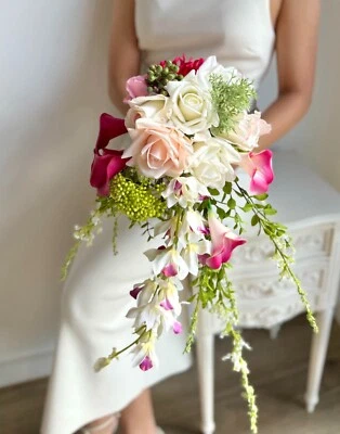 Vibrant rose, orchid & calla lily waterfall Bouquet with real touch artificial - Image 1 of 3