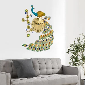 Luxury Peacock Large Wall Clock 3D Metal Living Room Wall Watch Home Decor NEW - Picture 1 of 10