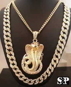 Men's Iced Cuban Chain & Cobra Snake Pendant Hip Hop Rapper Bling Necklace Set  - Picture 1 of 19