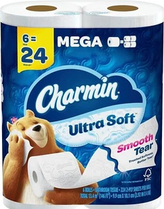Charmin Ultra Soft Toilet Paper 6 Mega Rolls = 24 Regular Rolls - Picture 1 of 9
