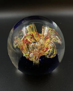 Floral 3.5” Paperweight Yellow Orange Red Polished Blue Bottom Controled Bubbles - Picture 1 of 5