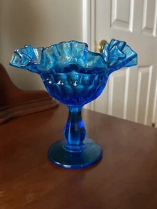Vintage Fenton Footed Candy Dish, Blue Thumbprint Glass with Ruffled Edge EUC - Picture 1 of 4