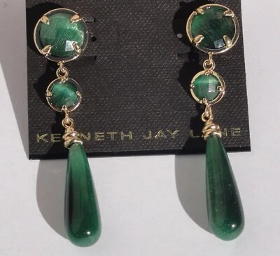 BRINCOS KENNETH JAY LANE KJL folheados a ouro 22K olho de gato verde e gota de ouro novos  - Imagem 1 de 4