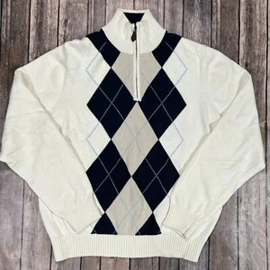 Brooks Brothers Argyle Diamond Quarter Zip Sweater Knit Pullover Medium White - Picture 1 of 6