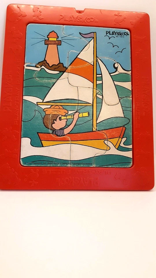 VINTAGE 1972 PLAYSCHOOL 6 Piece Framed Puzzle 'Boy in Sail Boat' Retro Decor - Image 1 of 1