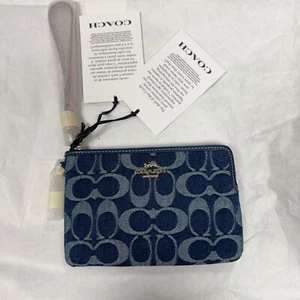 NWT Limited Coach CZ452 Signature Denim Corner Zip Wristlet with Cherry Charm - Picture 1 of 10