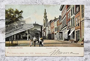 AK Middelburg Westzijde Dam Kirche Häuser Personen Postkarte Handschrift Vintage - Picture 1 of 2