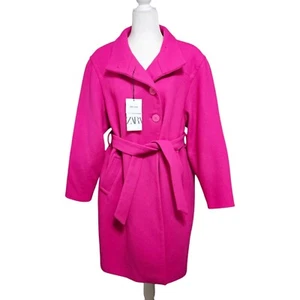 Neu mit Etikett Zara Hot Pink Wollmischung Mantel Gürtel hochgeschlossen Damen M/L strukturiert - Bild 1 von 14