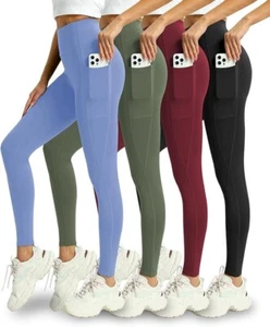 4 Pack Leggings with Pockets-Soft High Waisted Tummy Control Workout Yoga Pant-L - Picture 1 of 5