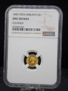 PIEZA DE DÓLAR DE ORO LIBERTY DE EE. UU. 1849 CORONA ABIERTA LOSA NGC DETALLES SIN CIRCULAR - Imagen 1 de 2