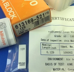 MITUTOYO CERA 613169-521  Ceramic Gage Block 0.129"  ASME 00 w/Cert.🎯Machinist - Picture 1 of 1