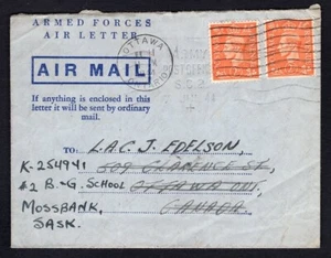 Canadá/GB WW2 Militar 1944 Carta Aérea Cubierta a Mossbank Sask. RCAF Pilot - Imagen 1 de 2