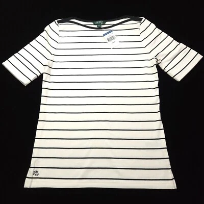 CAMISETA MUJER RALPH LAUREN L CREMA BLANCO NEGRO ALGODÓN ELÁSTICO SUÉTER BARCO CÁLIDO Foto 1 de 4