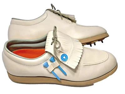 Zapatos de golf vintage Etonic Kiltie para mujer blancos beige botines con camisetas azules talla 9 M Foto 1 de 4