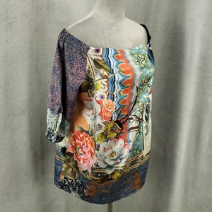 Chicos Blouse Womens Size Medium Satin Off the Shoulder Silky Floral Chico 1 - Picture 1 of 9