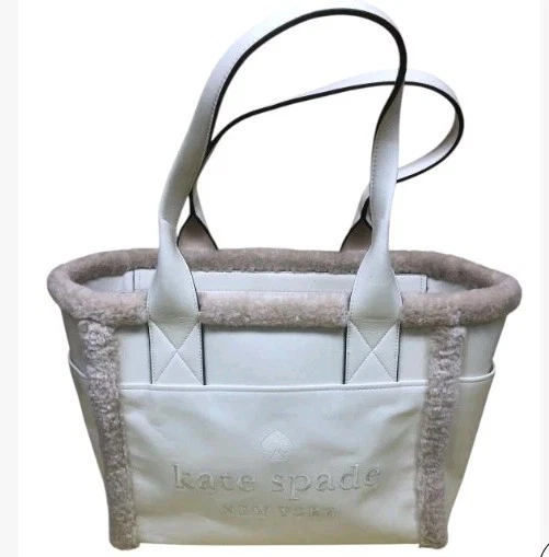 Kate Spade Jett Faux Shearling Fur Winter White Meringue Logo Large Tote - Image 1 of 4
