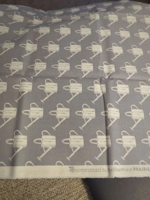 White Watering Cans On Gray Cotton Fabric ("Homestead", April Rosenthal, Moda) - Image 1 of 4