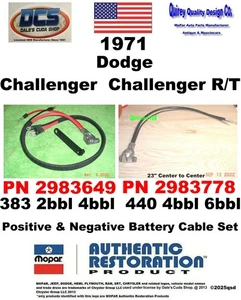 1971 Dodge Challenger 383 440 Battery Cable Set New 2983649 2983778 New MoPar US - Picture 1 of 3