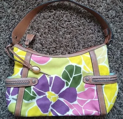 Cartera Bolso Fossil Moderno Vintage Floral Lona Verde Rosa Amarillo-12x8x4 Foto 1 de 4