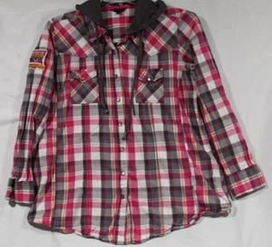 Vintage Camicia Joe Browns donna US 14 chiusura a scatto rosa/grigio a quadri con cappuccio LS - Foto 1 di 15