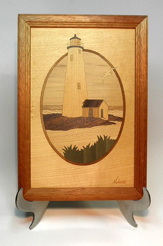 Vtg Signed Nelson Hudson River Inlay Marquetry Nantucket Lighthouse Wood Picture Cover