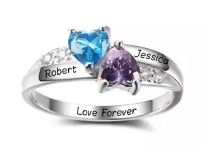 Personalized Mothers or Couples Ring Elegant Band 2 Engraved Names 2 Birthstones - Picture 1 of 5