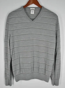 Merino Wool Sweater GAP Mens L Gray Striped Slim Fit Preppy V Neck Jumper Golf - Picture 1 of 13