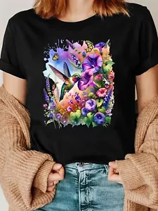 Women's Hummingbird and Floral Print T-Shirt, Casual Breathable Crew Neck Top - Picture 1 of 12
