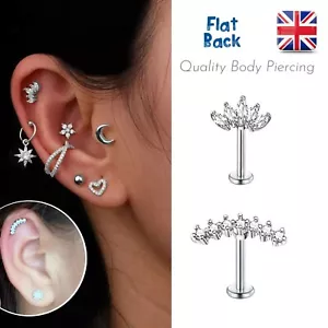 Cartilage Labret Piercing Earrings Stud Crystal Gem Flat Disc Back Tragus Helix - Picture 1 of 9