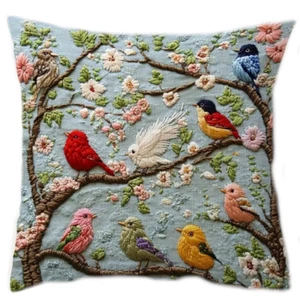 Kissen mit Füllung 45x45cm Stickoptik Vögel Frühling, Dekokissen, Samtkissen - Bild 1 von 3